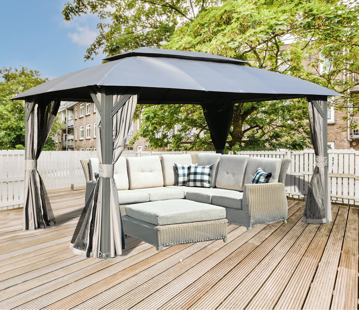 Domi 10'x14' Gazebo with Double Roof Soft Top, Patio Gazebo Canopy Tent, Upgraded 4’‘ Metal Frame for Deck Backyard Garden Lawns Gray domi outdoor living