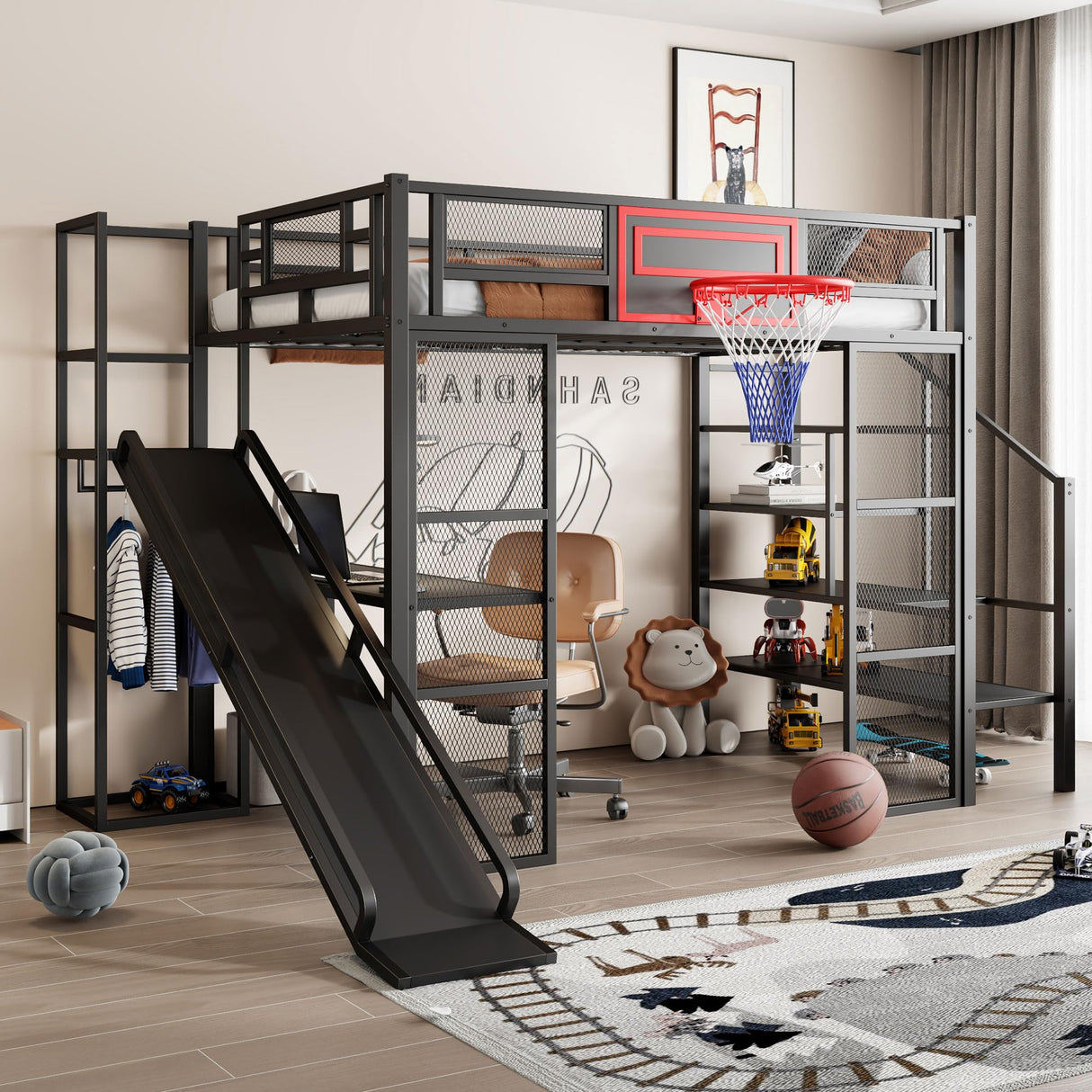 Polibi Full Size Metal Loft Bed with Built-in Desk,Open Wardrobe,Basketball Hoop,Slide and Staircase,Space-Saving Design for Small Rooms(Black) Polibi
