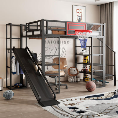 Polibi Full Size Metal Loft Bed with Built-in Desk,Open Wardrobe,Basketball Hoop,Slide and Staircase,Space-Saving Design for Small Rooms(Black)