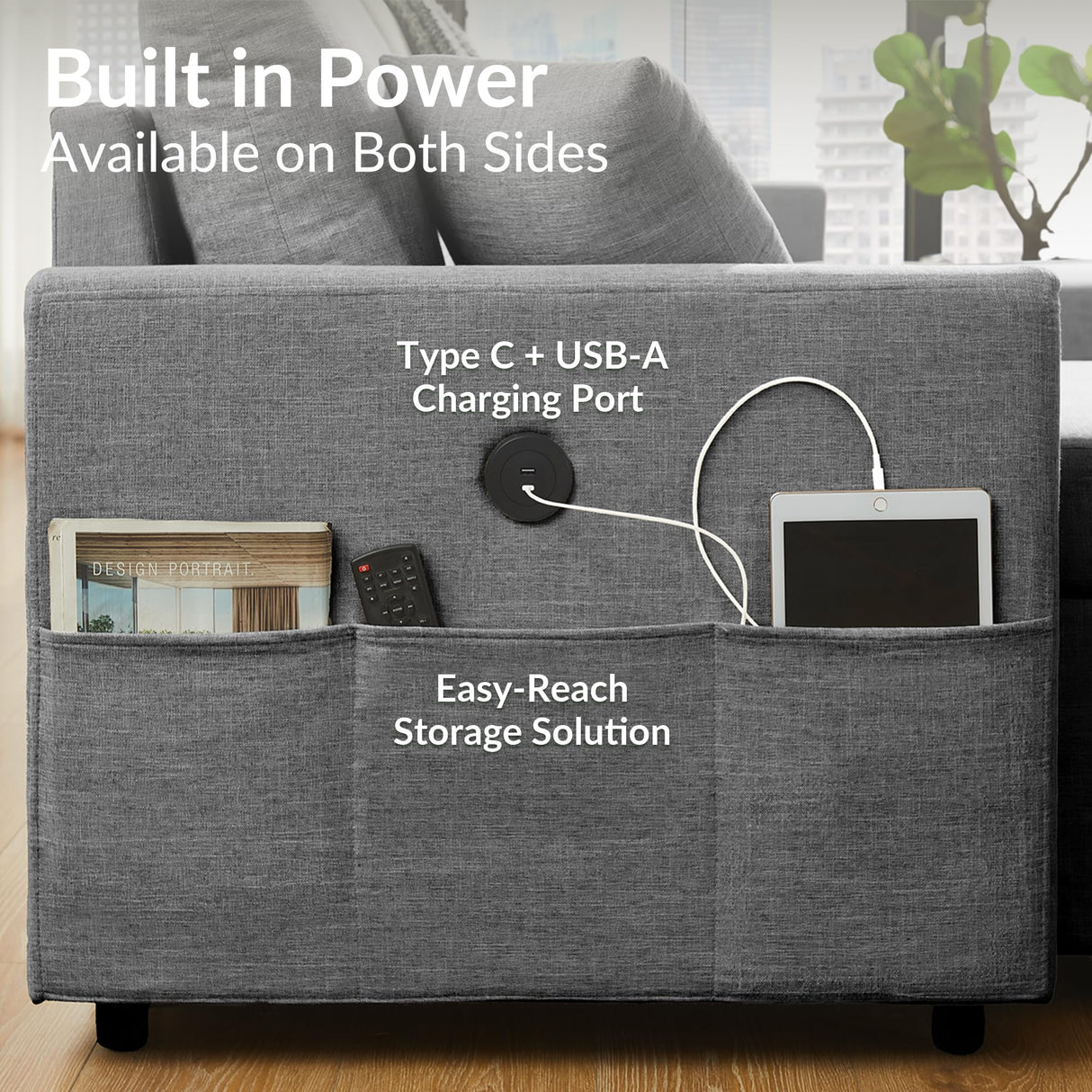 ODIKA L Shaped Convertible Sleeper Sofa Bed, 84" Sectional Couch for Living Room - Pull Out Bed, Reversible Chaise with Storage, Dual USB-C Charging, Removable & Washable Dark Grey Linen Covers ODIKA