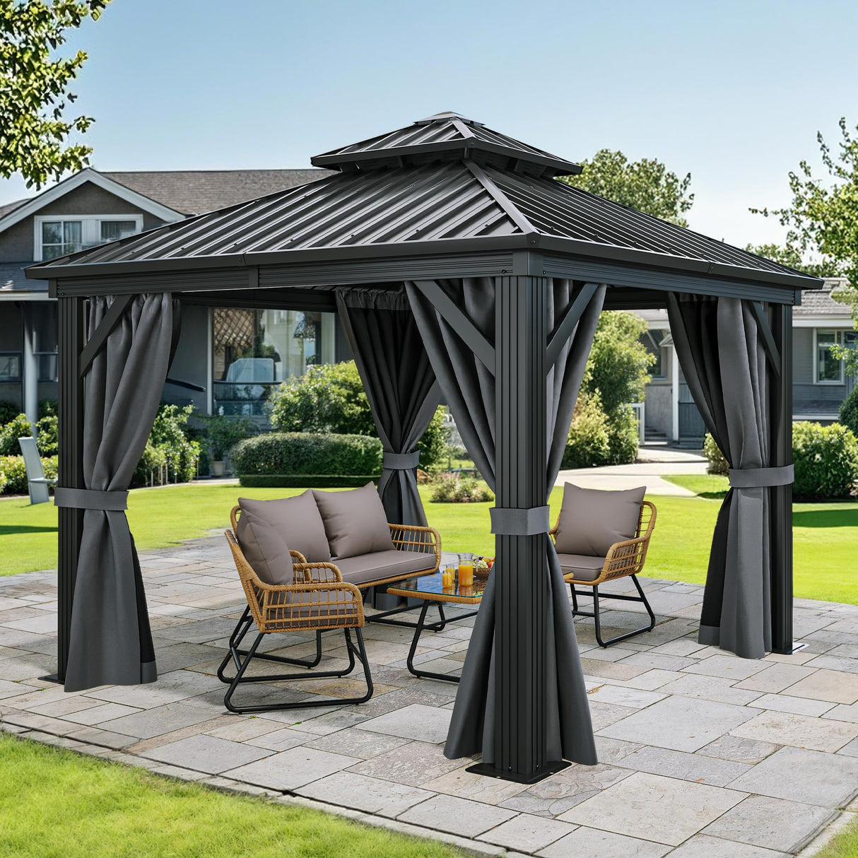 YITAHOME 10x10ft Hardtop Gazebo Heavy Duty Double Roof with Nettings and Curtains Galvanized Steel Outdoor Combined of Vertical Stripes Roof for Patio, Backyard, Deck, Lawns, Gray YITAHOME