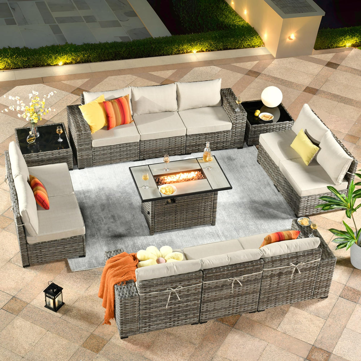 ovios 13 Pieces Patio Furniture Set, Outdoor Sectional Sofa with Rectangular Fire Pit Table, Wide Armrests and Deep Seat, Modern Modular Wicker Rattan Conversation Set, Beige ovios