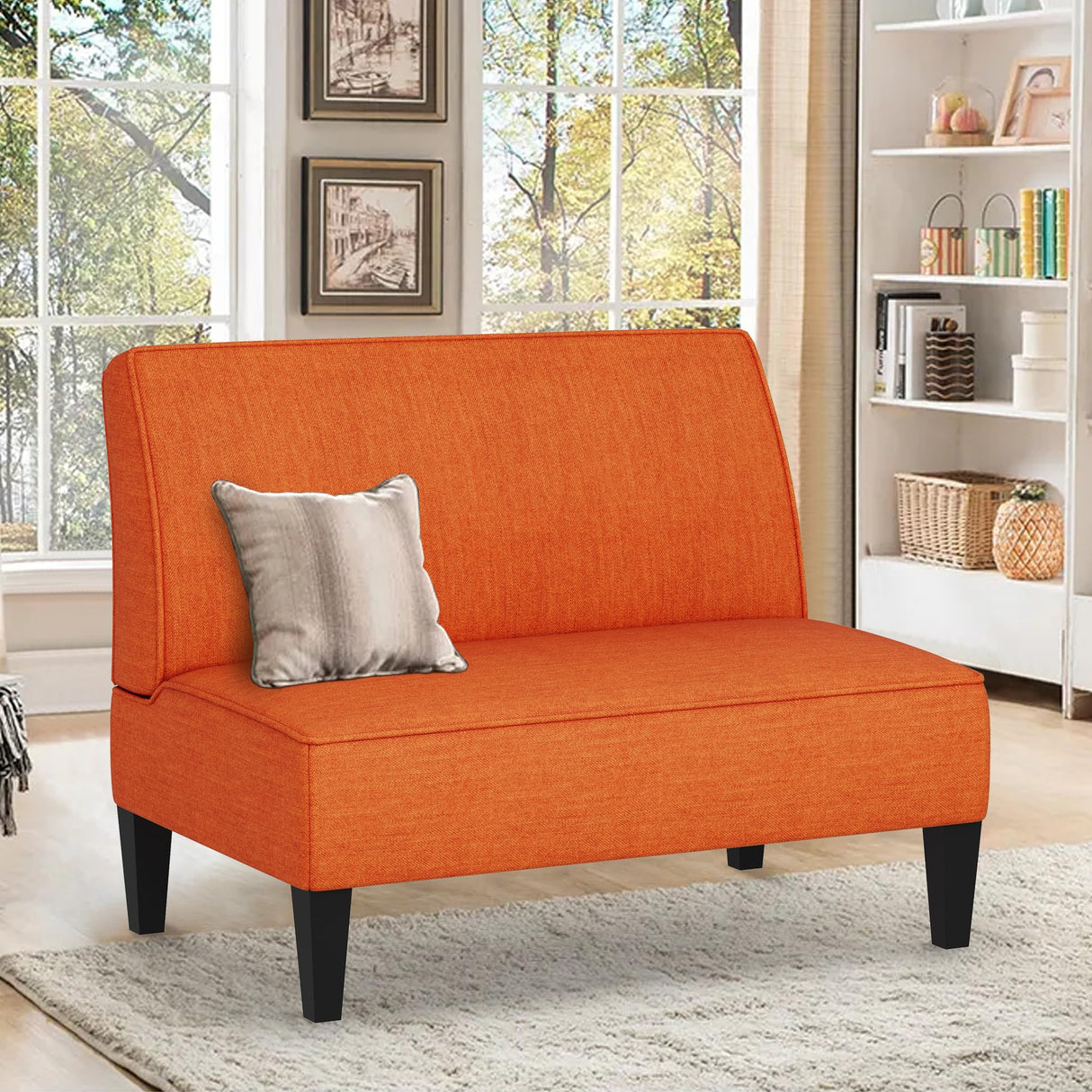Changjie Furniture Small Loveseat Sofa Upholstered Mini Couch for Small Spaces 2-Seater Sofa Couch with Wooden Legs for Bedroom Living Room (Orange) Changjie Furniture