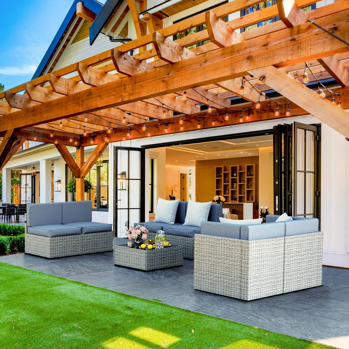 Pamapic 7 Pieces Outdoor Sectional Furniture, Wicker Patio sectional Furniture Sets, All-Weather Rattan Patio Conversation Set with Washable Cushions Covers, Gray Rattan(Gray Cushions) Pamapic