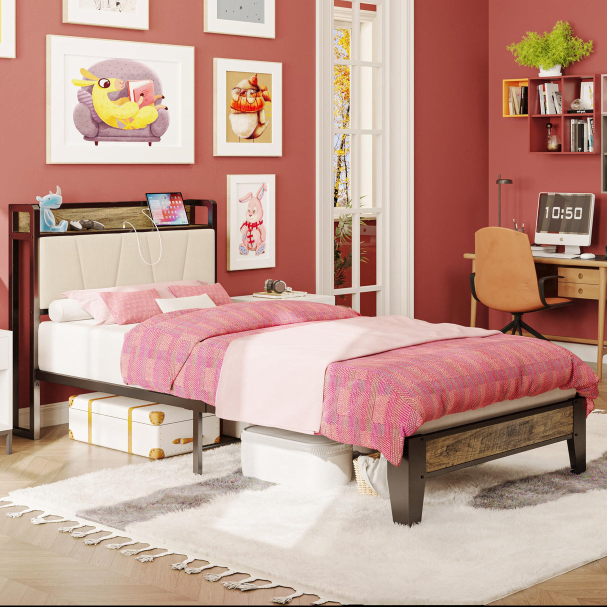 LIKIMIO Twin XL Bed Frame with Storage Headboard and Charging Station - Stylish Walnut and Beige Design LIKIMIO