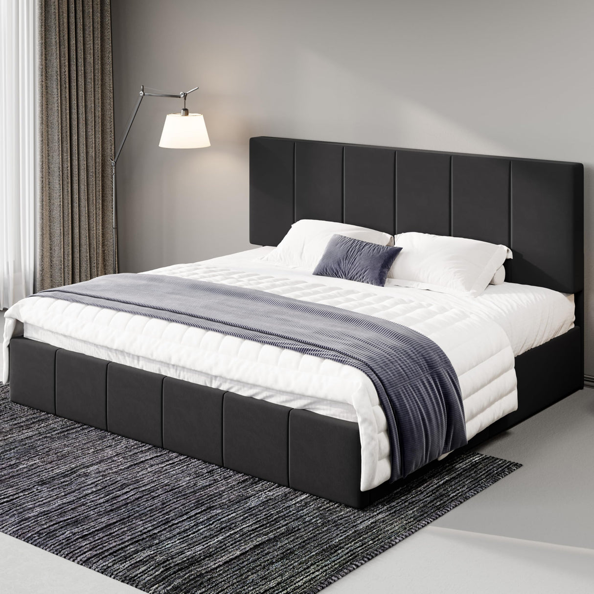 Allewie King Size Dutch Velvet Upholstered Platform Bed Frame/Vertical Channel Tufted Adjustable Headboard/Low Profile Bed Frame/No Box Spring Needed/Easy Assembly/Black Allewie