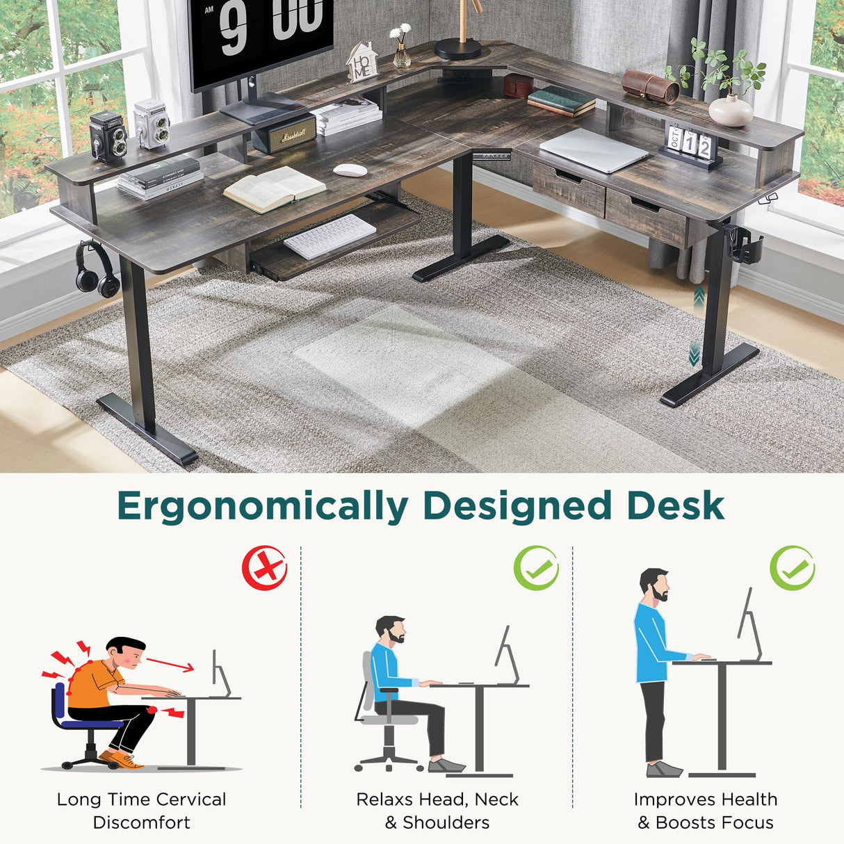 RedLemon 75X60 Inches L Shaped Electric Standing Desk,Height Adjustable Corner Gaming Desk with Drawers, Keyboard Tray, Power Outlets & LED Lights, Computer Desk with Monitor Shelf, Dark Rustic Oak RedLemon