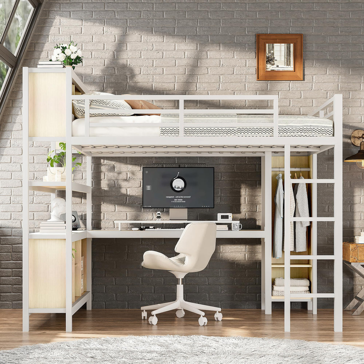 Bellemave Queen Loft Bed with Desk & Wardrobe, Heavy Duty Metal Loft Beds with Storage Shelves, Space Saving Loft Bed Queen Size with Safety Guard, White Wood Grain Bellemave