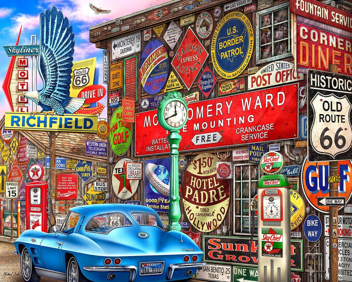 Springbok's Route 66 Nostalgic 2000 Piece Adult Jigsaw Puzzle Featuring Retro Signage and Classic Cars Springbok