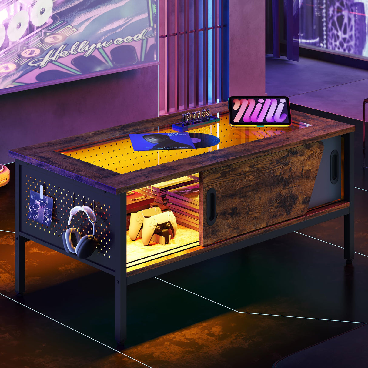 Bestier LED Coffee Table with Storage Glass Coffee Tables for Living Room with Sliding Doors, 42 Inch Rustic Brown Living Room Center Table Bestier