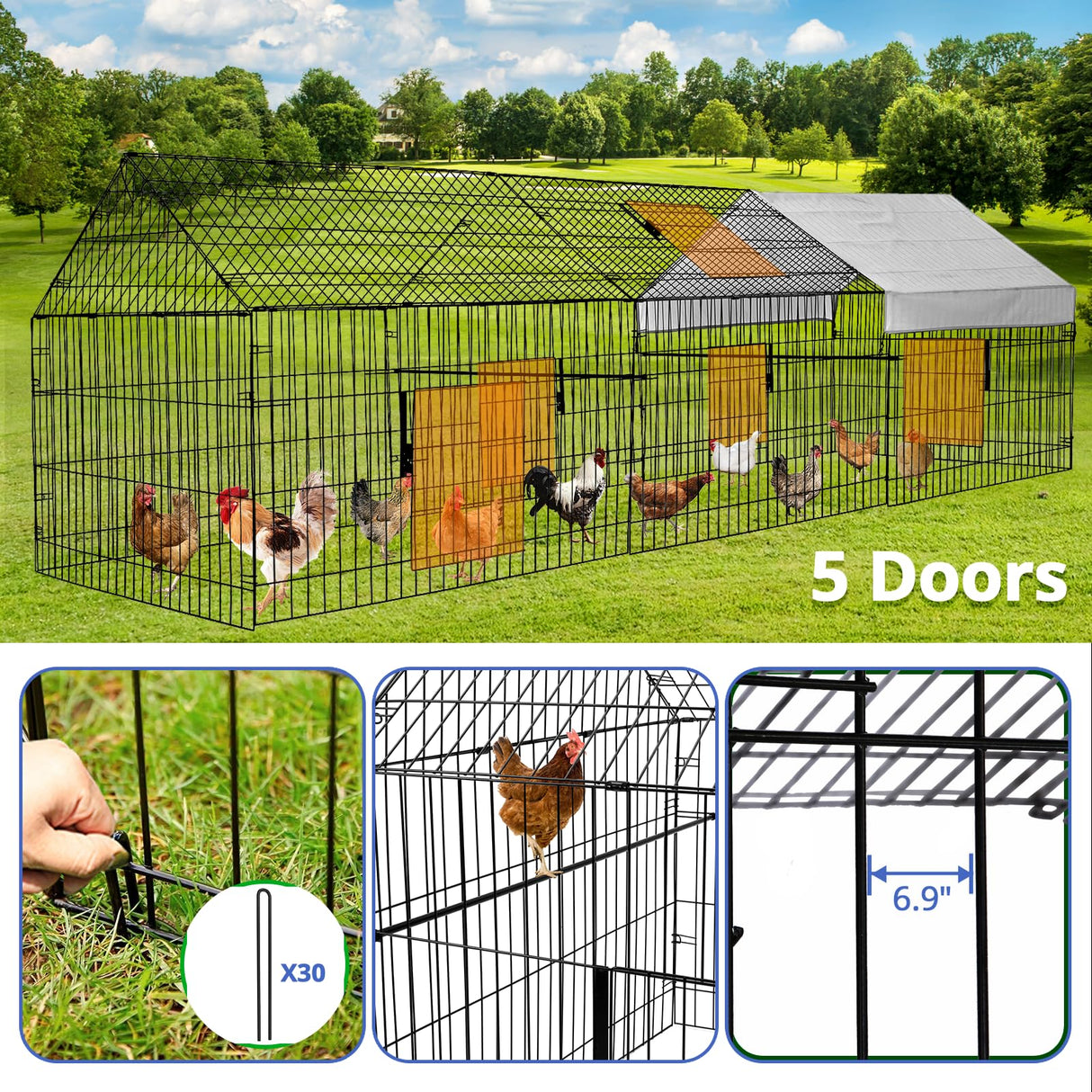 130"x40"x40" Metal Chicken Coop Playpen with Waterproof Cover, Rabbit Duck Large Cage Outdoor Backyard Farm PawGiant