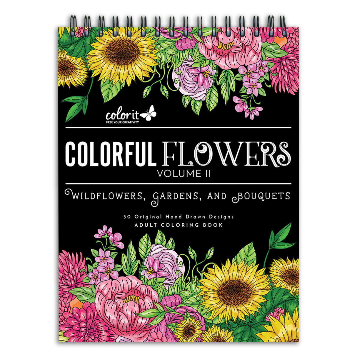 ColorIt Colorful Flowers Volume 2 Wildflowers, Gardens, and Bouquets Adult Coloring Book, 50 Original Designs, Thick Paper, Spiral Binding, USA Printed, Lay Flat Hardback Book Covers, Blotter Paper ColorIt