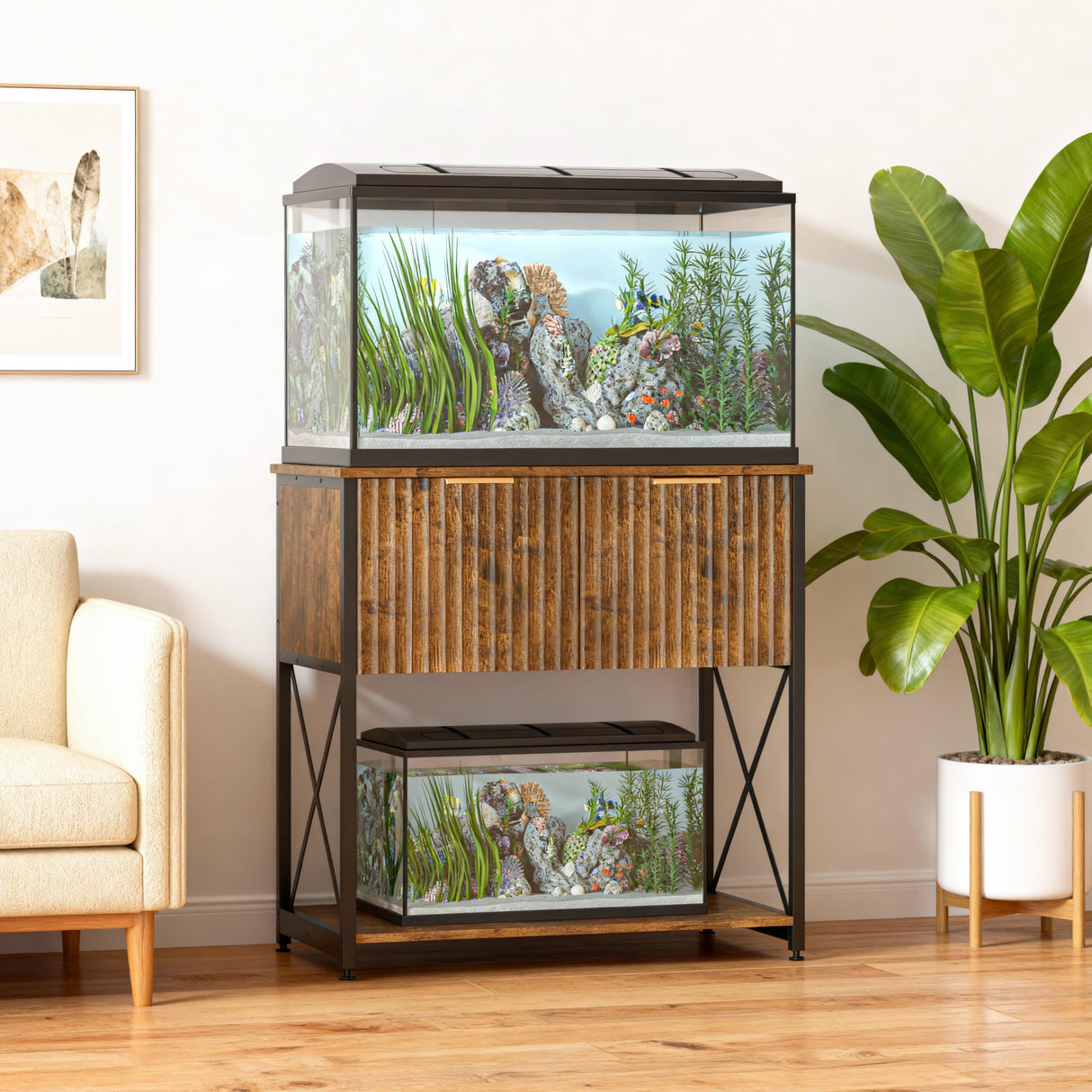 Piskyet 20-29 Gallon Fish Tank Stand,Metal Frame Aquarium Stand,Cabinet for Fish Tank Accessories,350Lbs,Rustic Brown Piskyet