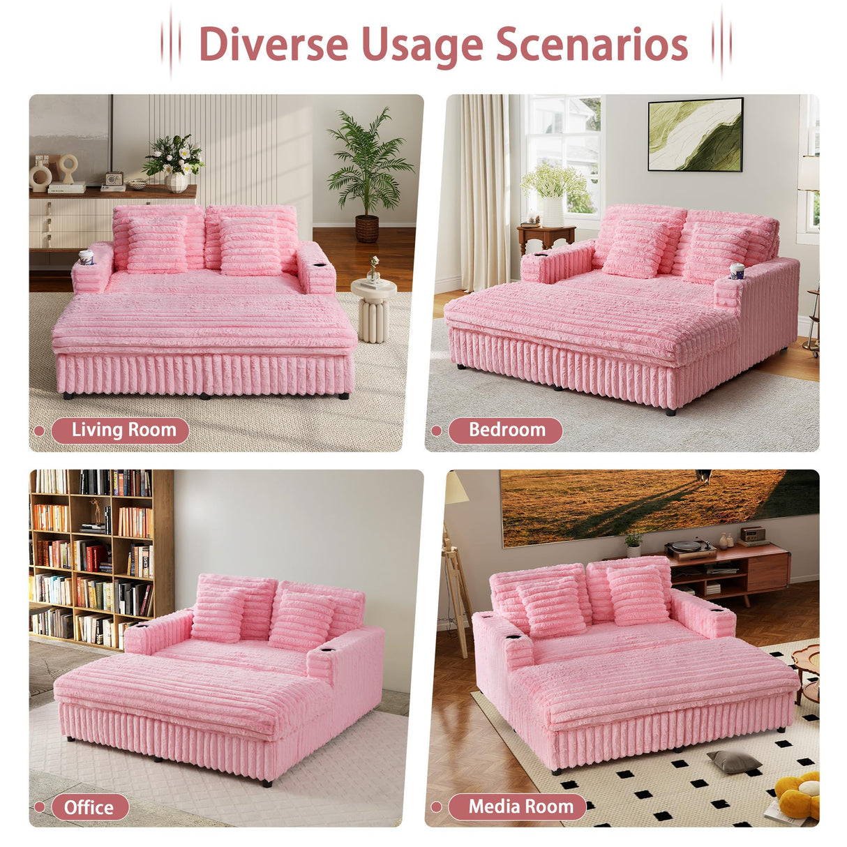 RARZOE 64'' Oversized Chaise Lounge Chair Indoor, Plush Faux Rabbit Fur Sleeper Sofa Bed with 4 Pillows, Charging Station & Cup Holders, Fluffy Comfy Cloud Couch Loveseat Sofa for Living Room,Pink RARZOE