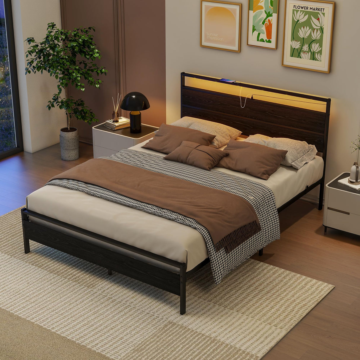 Queen Bed Frame,Queen Size Metal Platform Bed Frame with Storage & LED Light Headboard and USB Charging Station,No Box Spring Needed,Heavy Duty Metal Slats,Noise Free,Black BOFENG