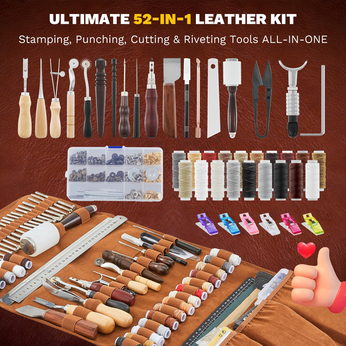 SAKERNEO Professional Leather Working Tools Kit with 52 Stamping Molds, Multi-Size Hole Punch Tool, Engraving/Cutting Mats & Rivet Accessories,Leather Crafting Kit for DIY, Repair & Stitching SAKERNEO