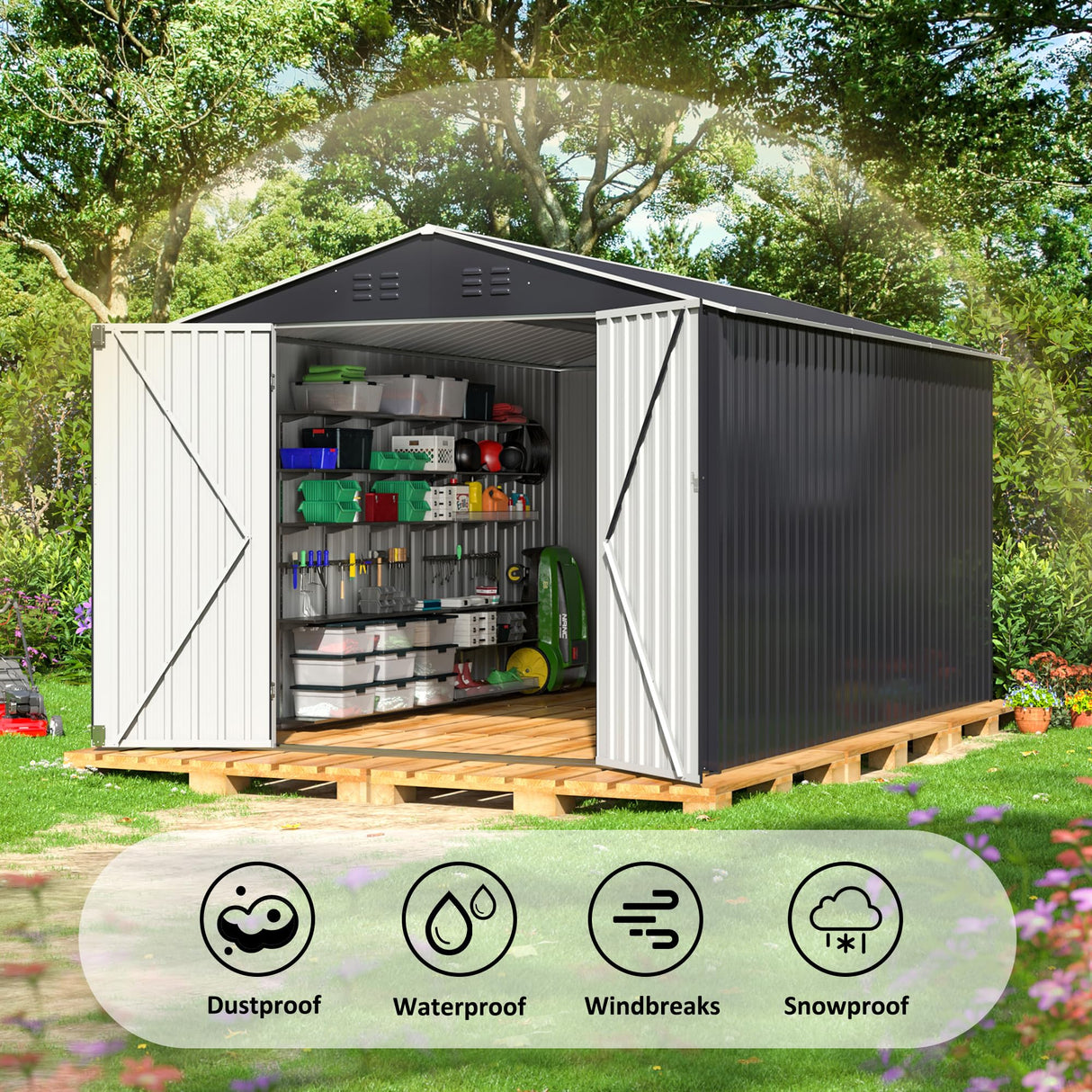 Polar Aurora 8 x 12 FT Outdoor Storage Shed, Metal Garden Shed with with Updated Frame Structure, Tool Sheds for Backyard Garden Patio Lawn Black Polar Aurora