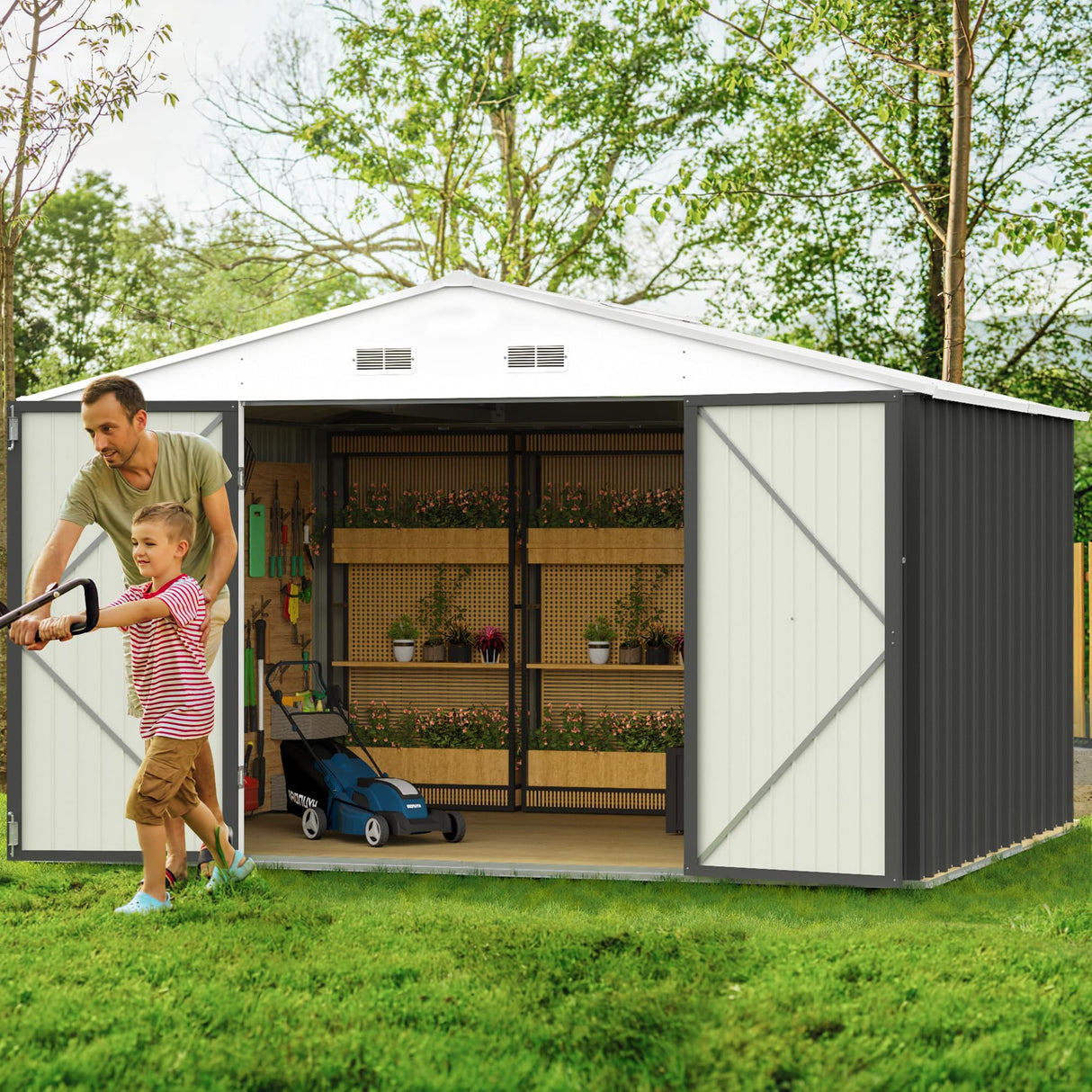 GUNJI 10 x 8 FT Shed Outdoor Storage Shed Metal Garden Shed with Lockable Door Outside Waterproof Tool Shed for Backyard, Patio, Lawn (Gray) GUNJI