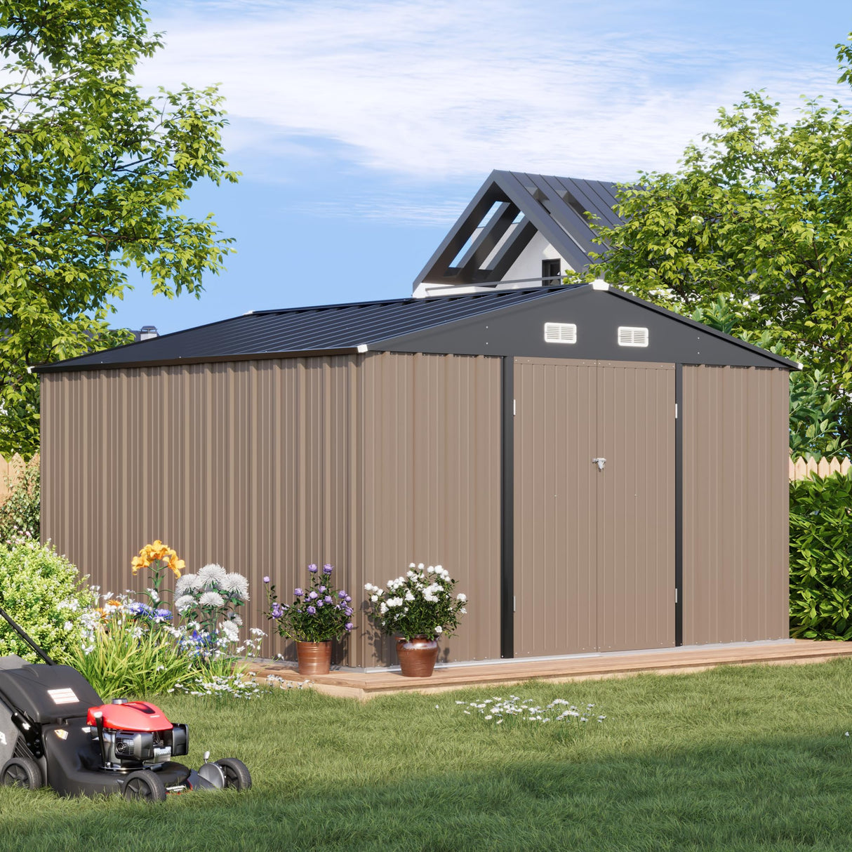 Patiowell 10 x 10 FT Outdoor Storage Shed,Metal Yard Shed with Design of Lockable Doors, Utility and Tool Storage for Garden, Patio, Backyard, Outside use,Brown Patiowell