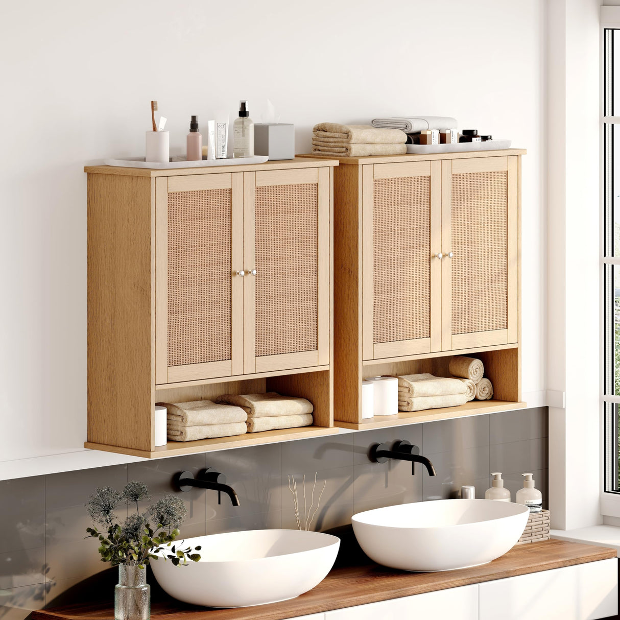 Reettic Rattan Two Door Wall Cabinet, Wooden Medicine Cabinet, Wall Mounted Bathroom Storage Cabinet with Inner Adjustable Shelf, for Bathroom, Kitchen, Entryway, Natural BMGZ103M Reettic