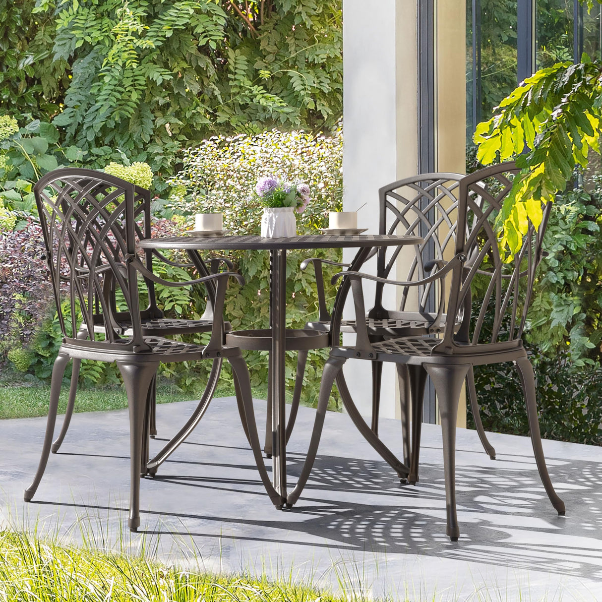NUU GARDEN 5 Piece Patio Dining Set, 33" Round Cast Aluminum Dining Table with 1.97" Umbrella Hole and 4 Patio Dining Chairs for Backyard, Patio, Garden, Balcony, Brown with Gold Point NUU GARDEN