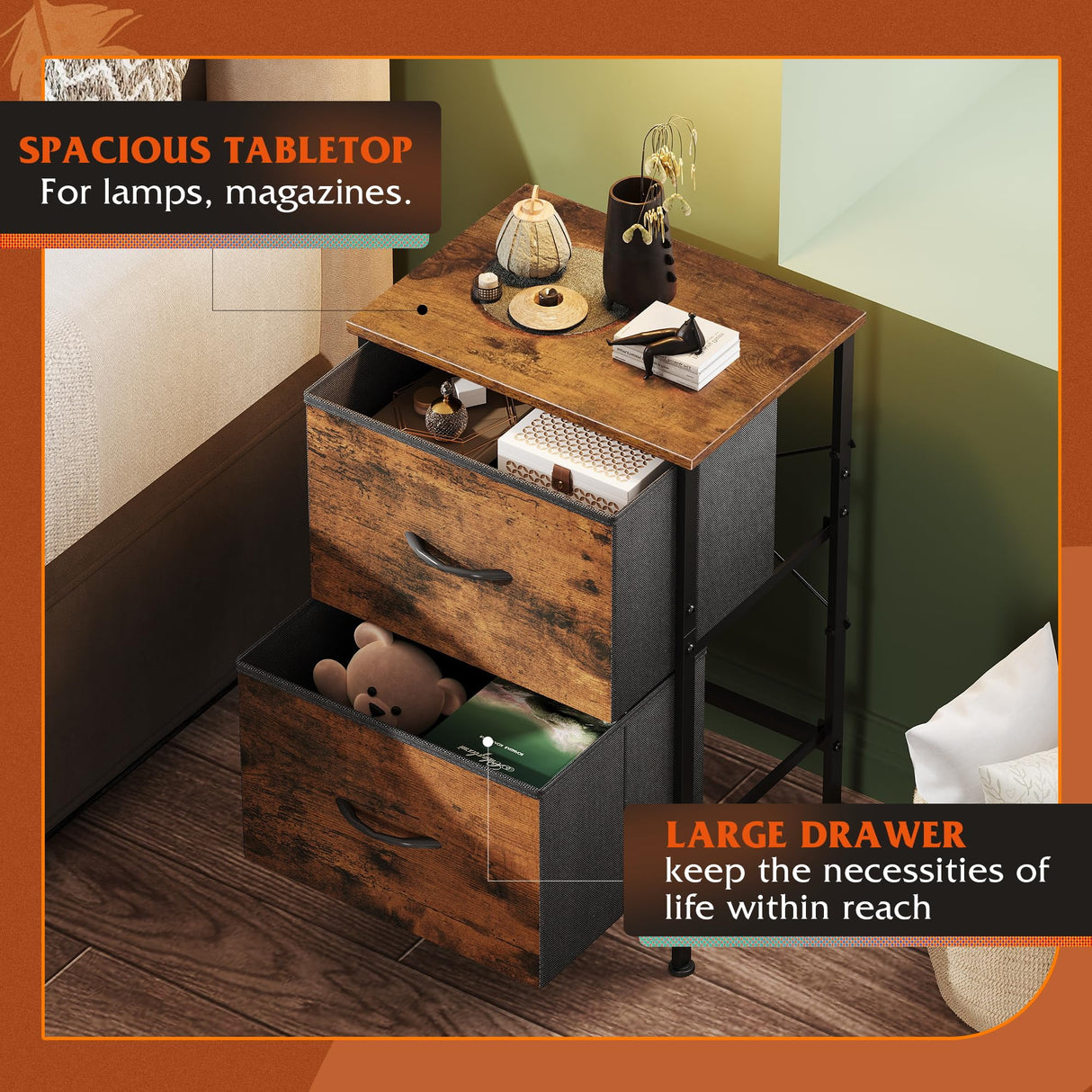 WLIVE Night Stand with Drawers, Dresser for Bedroom with 2 Fabric Drawer, Small Bedside Tables, Nightstand End Table Furniture, College Dorm, Rustic Brown Wood Grain Print, Size L WLIVE