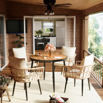 Pamapic 5 Pieces Patio Dining Set,All-Weather PE Rattan Patio Furniture Set with Wood Table Top, Outdoor Table and Chairs with Removable Cushion & Round Dining Table for Lawn Garden Patio, Cream