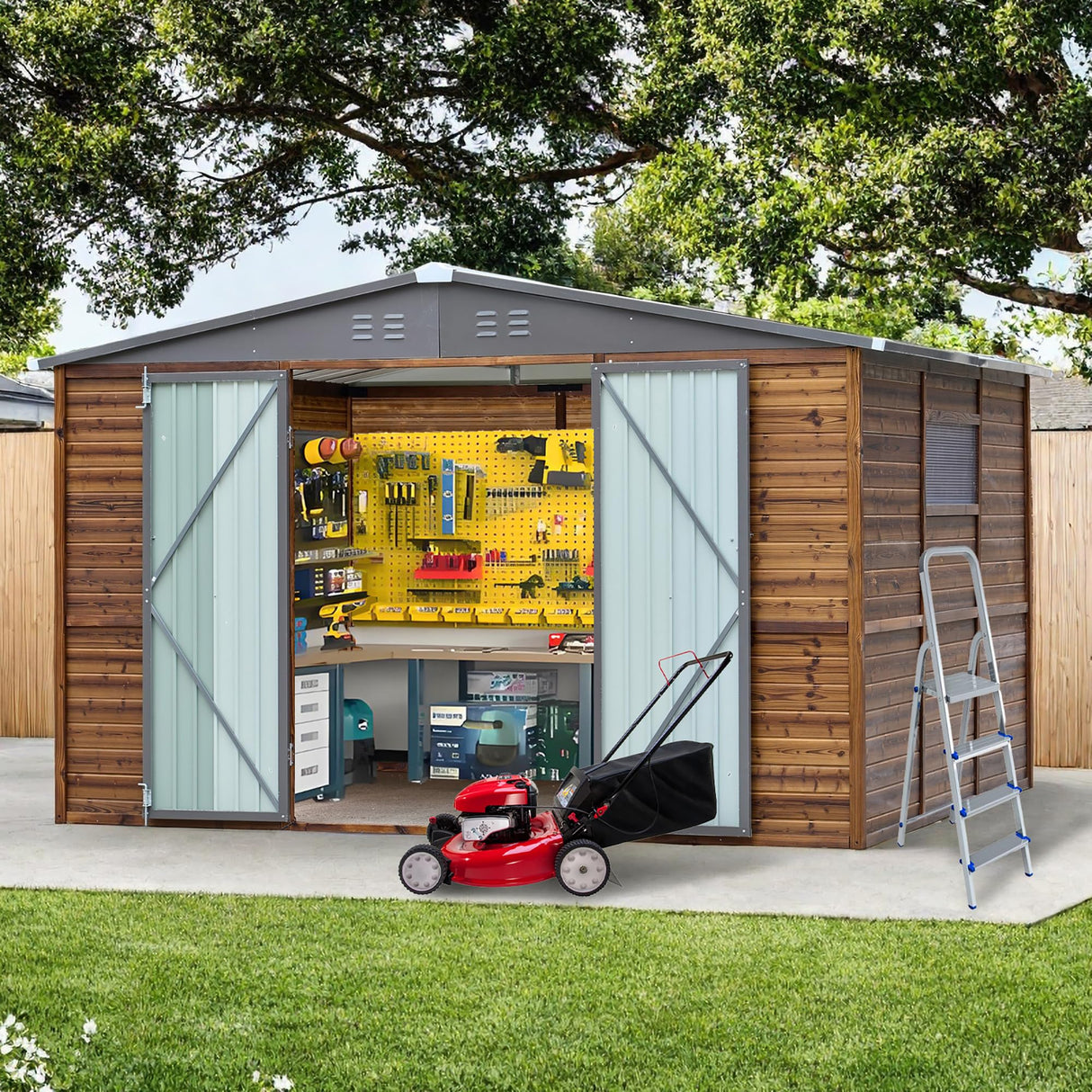 Endark 8x10FT Outdoor Storage Shed with Window, Lockable Sliding Doors & Metal Sloped Roof, Waterproof & Rust-Resistant for Garden, Backyard, Patio, Lawn, for Backyard Tools Storage Endark