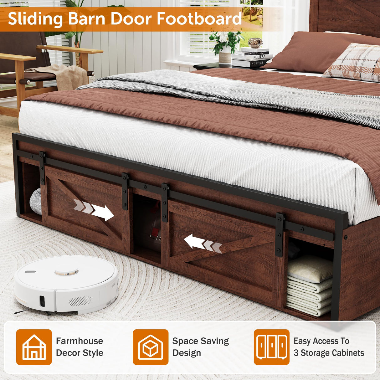 Ufurpie Queen Size Bed Frame with 5-Tier Bookcase Headboard & Storage Footboard, USB Charging Station & LED Lights, Sturdy 1200 lbs Steel Support, No Box Spring Needed,Brown Ufurpie