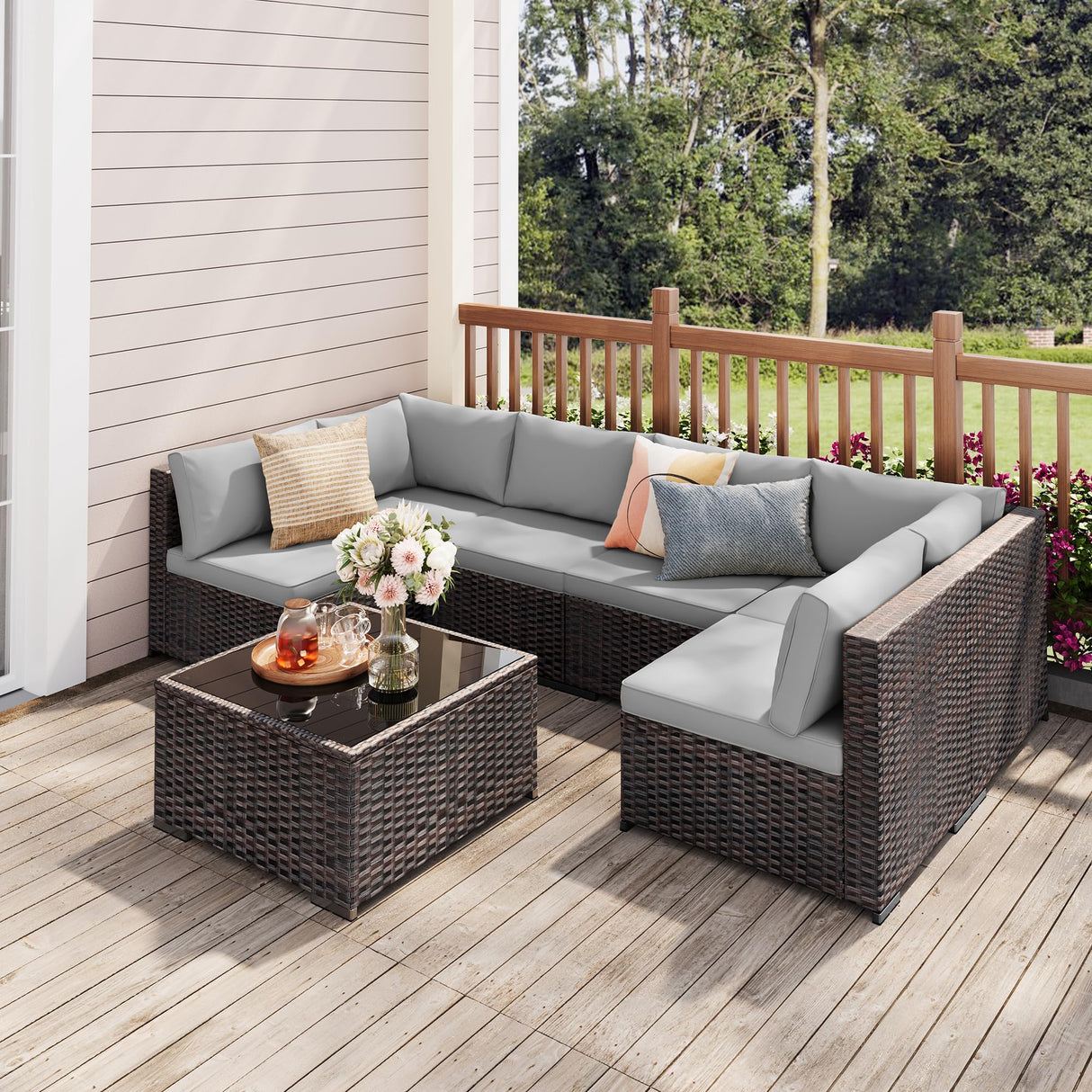 Qsun 7-Piece Outdoor Sectional Patio Furniture Set, PE Rattan Outdoor Furniture Patio Conversation Set with Cushions and Glass Coffee Table (Brown Rattan, Grey Cushion) Qsun