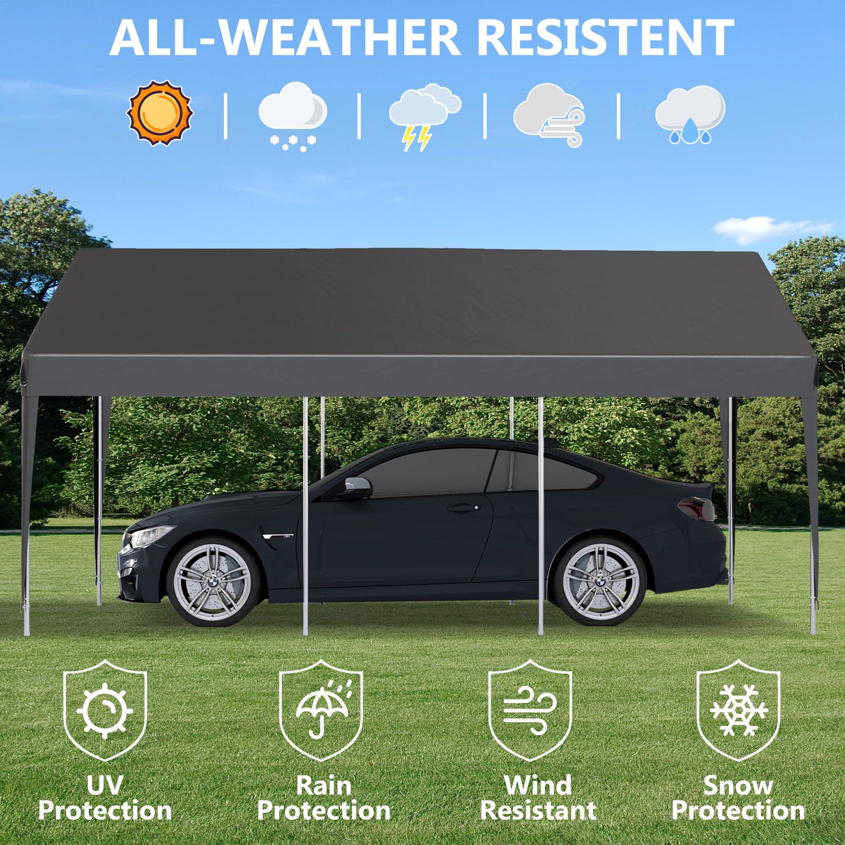 Raysfung Carport 12X20FT, Heavy Duty Car Port with Sidewalls, Carports Canopy, Portable Garage with Sandbags & All-Season Tarp, Outdoor Shelter for Car, SUV, F150, Truck, Boat (Gray) Raysfung