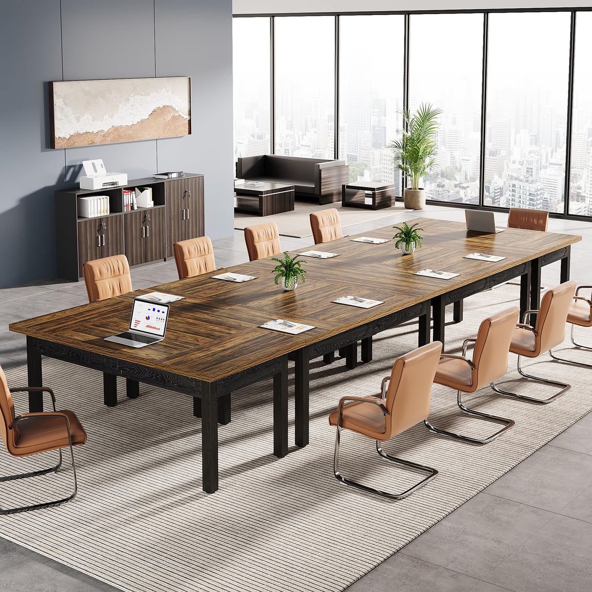 Tribesigns Rectangular Conference Table for 4-6 People, Office Meeting Table with Sturdy Legs, Small Conference Room Table for Office Meeting Breakroom, Brown and Black Tribesigns
