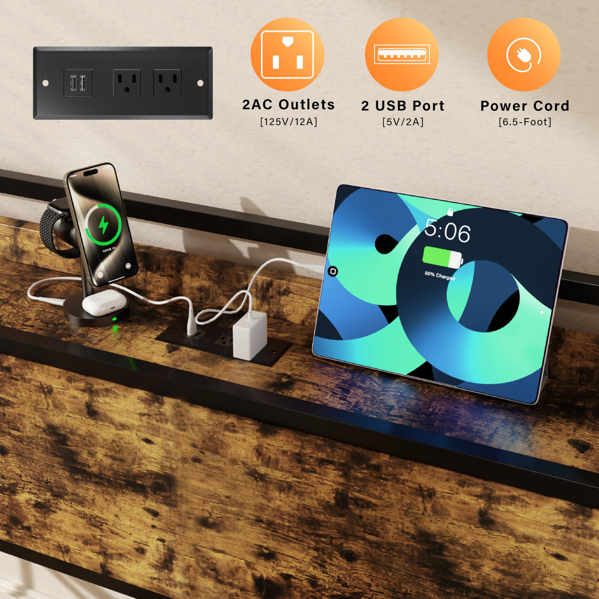 VINGLI Daybed with Trundle Twin, Metal Daybed Frame with Pop-up Trundle Bed and Charging Station,Day Bed with Wooden Storage Headboard & LED Lights, for Kids Room, Living Room, Bedroom, Brown VINGLI