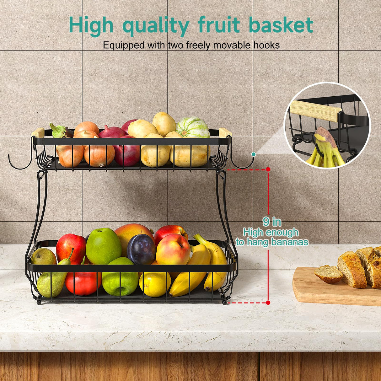 Sevenblue 2 Tier Fruit Basket for Kitchen Counter with 2 Banana Hangers, 2025 Pro Detachable Metal Fruit Bowl with Wooden Handle,Fruit Holder for Bread Snack Veggies, Black Sevenblue
