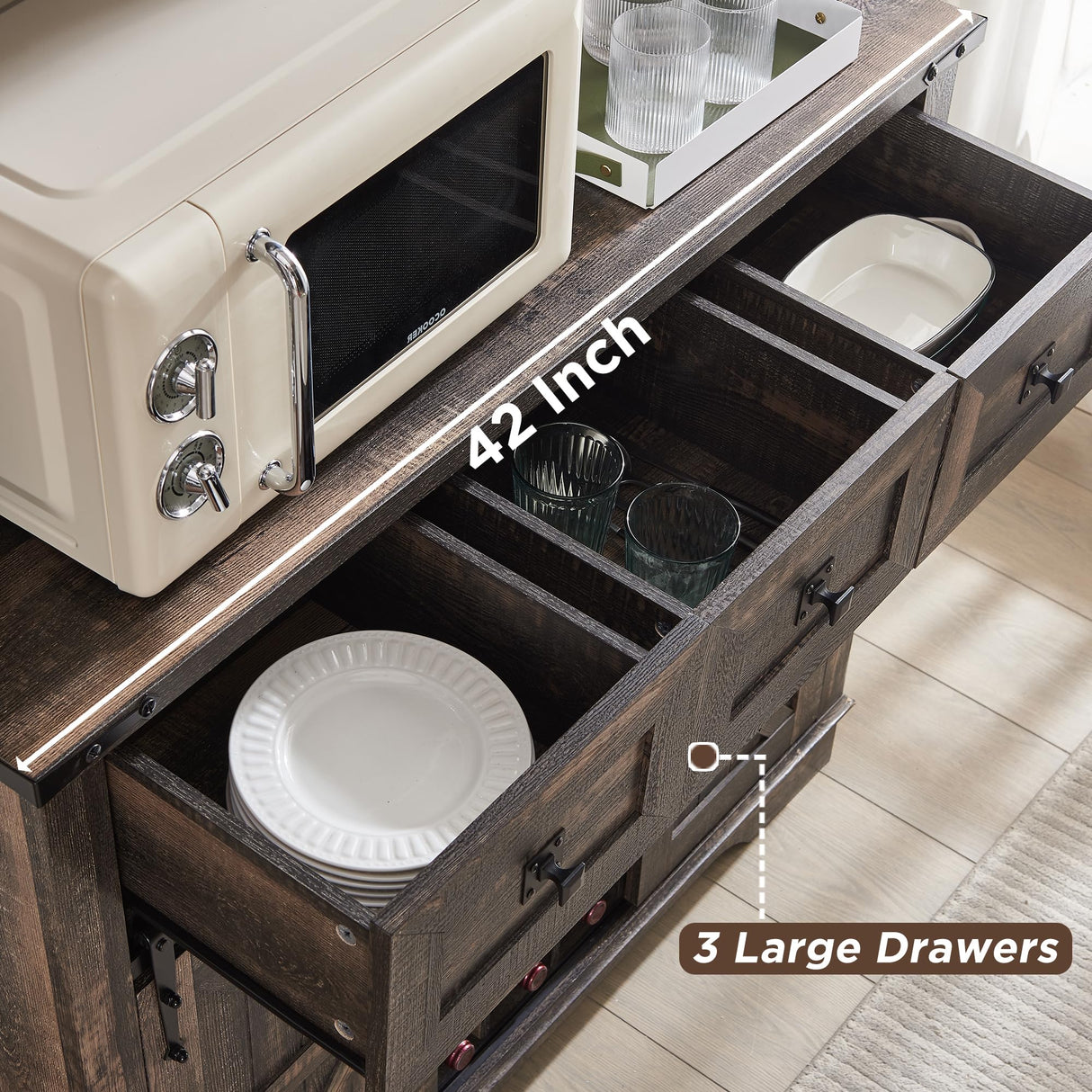 OKD 72" Farmhosue Bar Cabinet with Sliding Barn Door, Large Kitchen Buffet with Hutch w/Wine & Glasses Rack, 3 Drawers, 12 Storage Shelves, Rustic Coffee Bar Sideboard Table, Dark Rustic Oak OKD