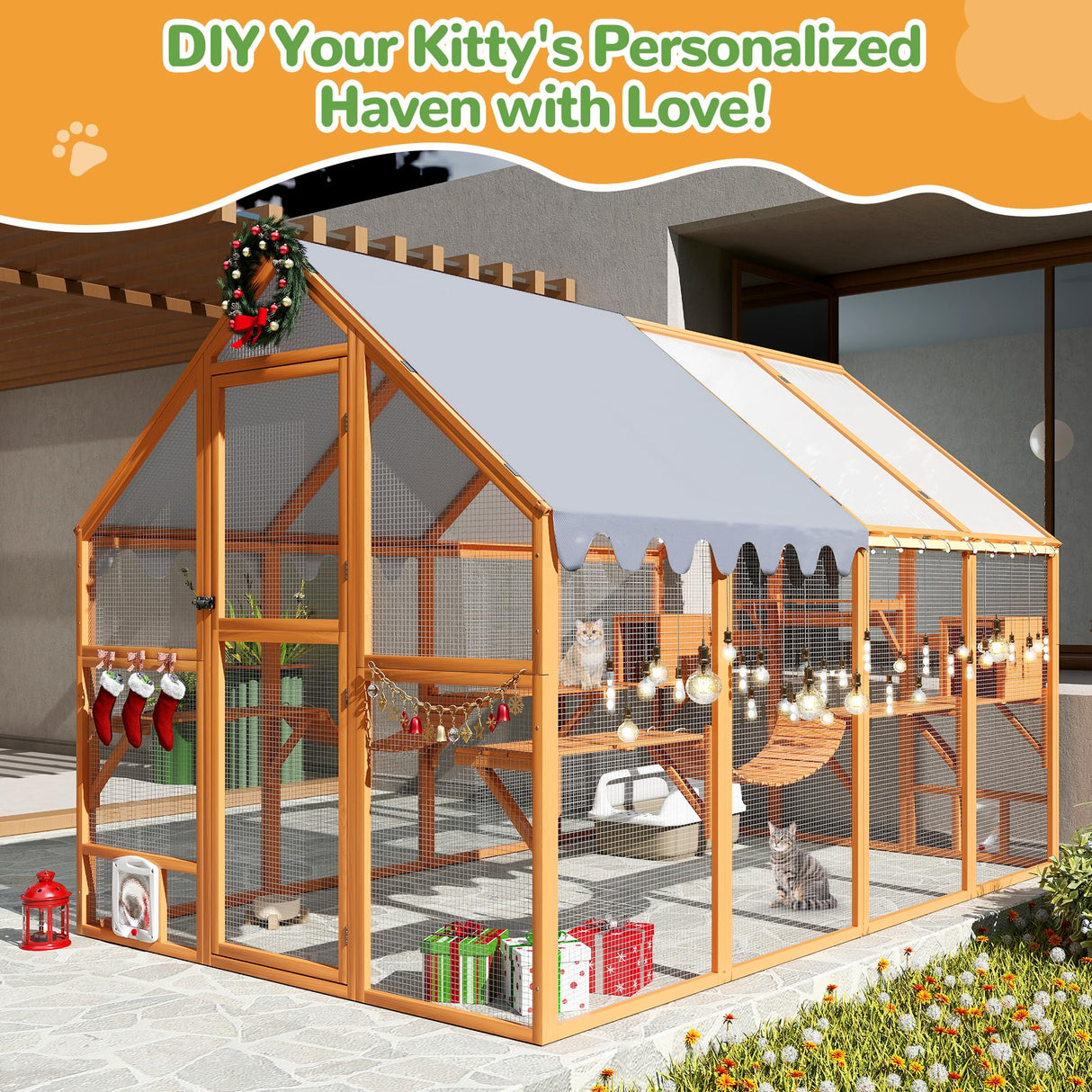 Extra Large Catio Outdoor Cat Enclosure, 53.5ft² Large Cat Run Wooden Cat House with Weatherproof Roof, Walk-in Doors with Lock, Window Access, 110" L x 71" W x 74" H, Orange Nyeekoy