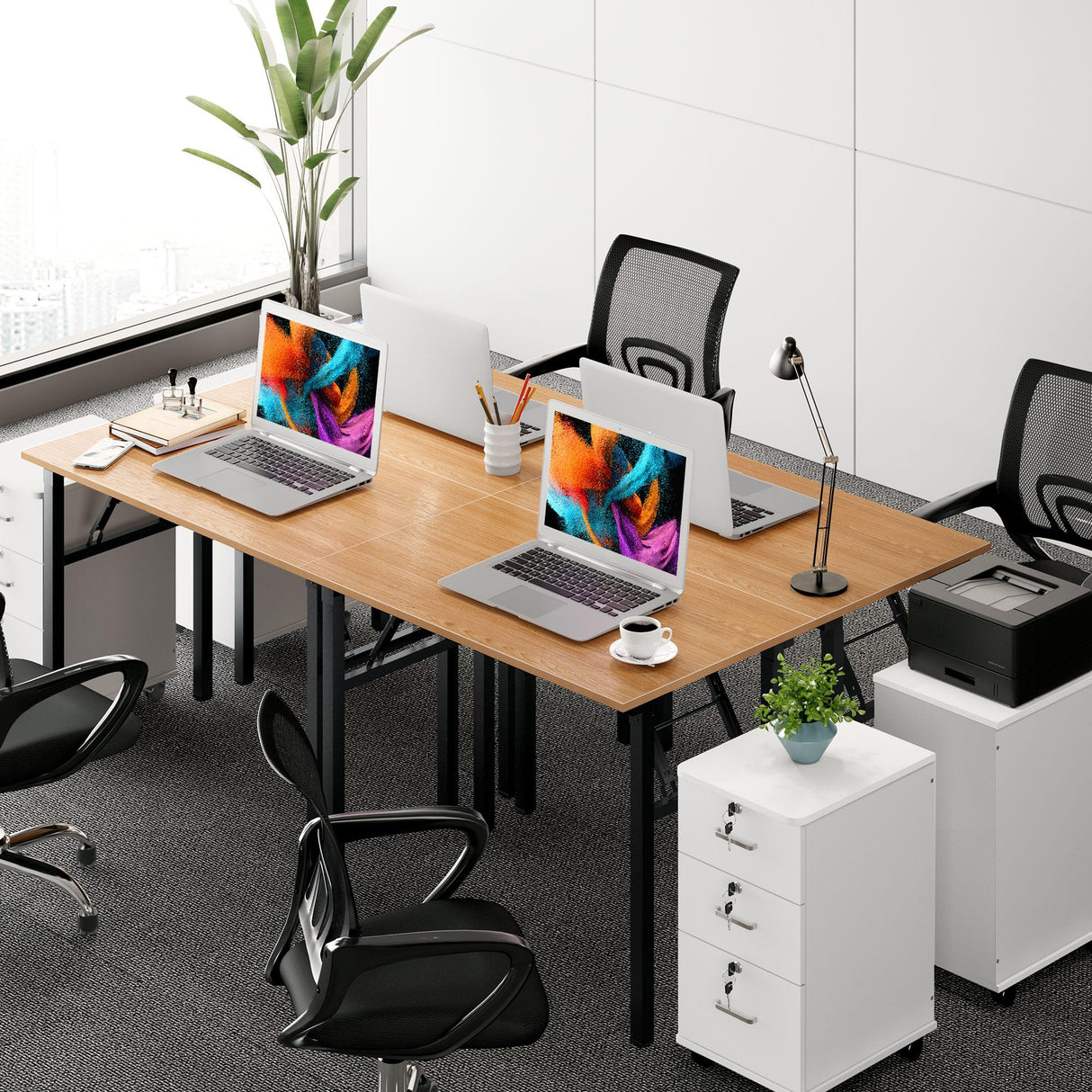 Need Folding Desk for Home Office 39-3/8'' Length Modern Folding Table Computer Desk No Install Needed Teak Color Desktop Black Frame, AC5BB(10060) Need