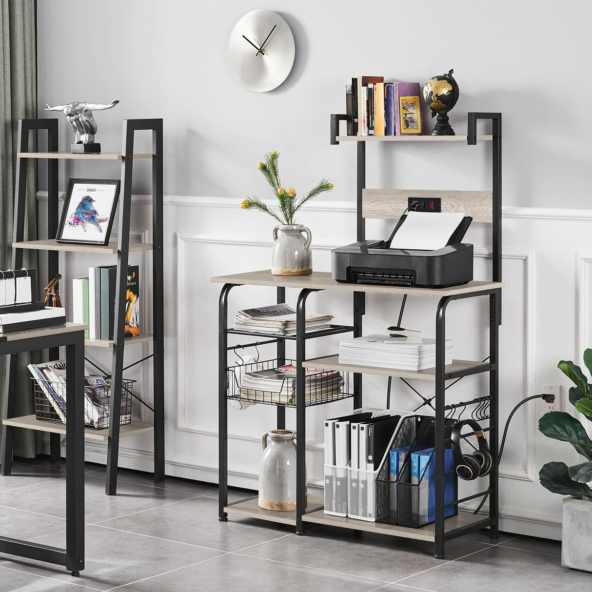 Yaheetech Bakers Rack with Power Outlet, 4-Tier Microwave Stand Cart Coffee Bar with Wire Basket and Wine Storage, Freestanding Kitchen Shelf Extra Counter Space, Gray Yaheetech