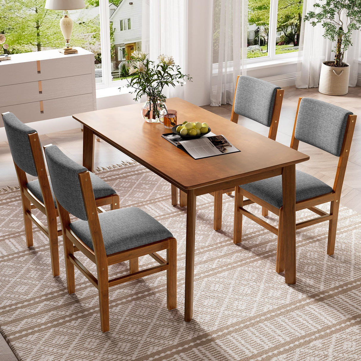 Merax 5 Piece Rectangle Wooden Dining Table Set, Mid Century Modern Tables and 4 Upholstered Wood Chairs for Kitchen, Home, Saving Space, Brown+Gray Merax