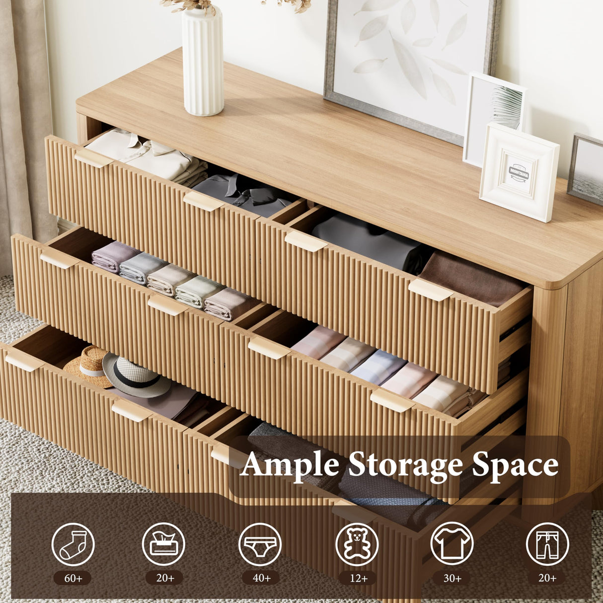 Royal Windsor 6 Drawer Dresser with Fluted Panel, Modern Chest of Drawers for Living Room, Wide Wooden Closet Dresser TV Stand with Ample Storage Space for Bedroom and Hallway, Natural Oak Royal Windsor