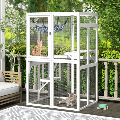 Catio Outdoor Cat Enclosure, Wooden Catio with Window Access for Patio, Indooe Kitty House Cage (White)