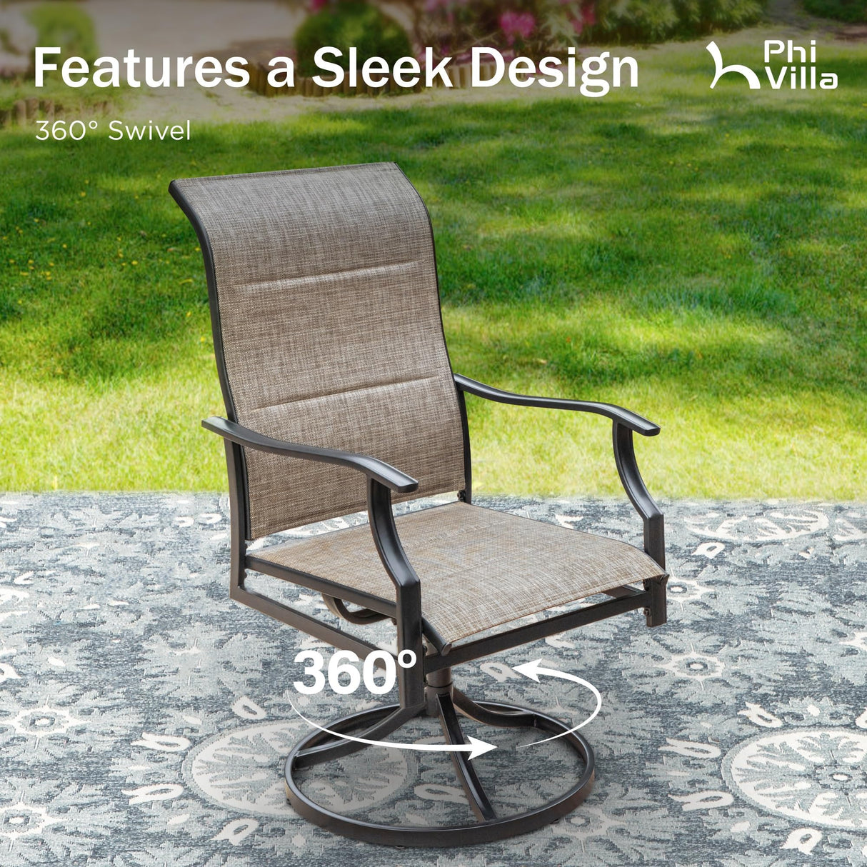 PHI VILLA 9 Pcs Patio Dining Set with Large Square Metal Dining Table & 8 High Back Padded Outdoor Swivel Dining Chairs, Outside Table Chair Furniture Dining Set for 8 Person PHI VILLA