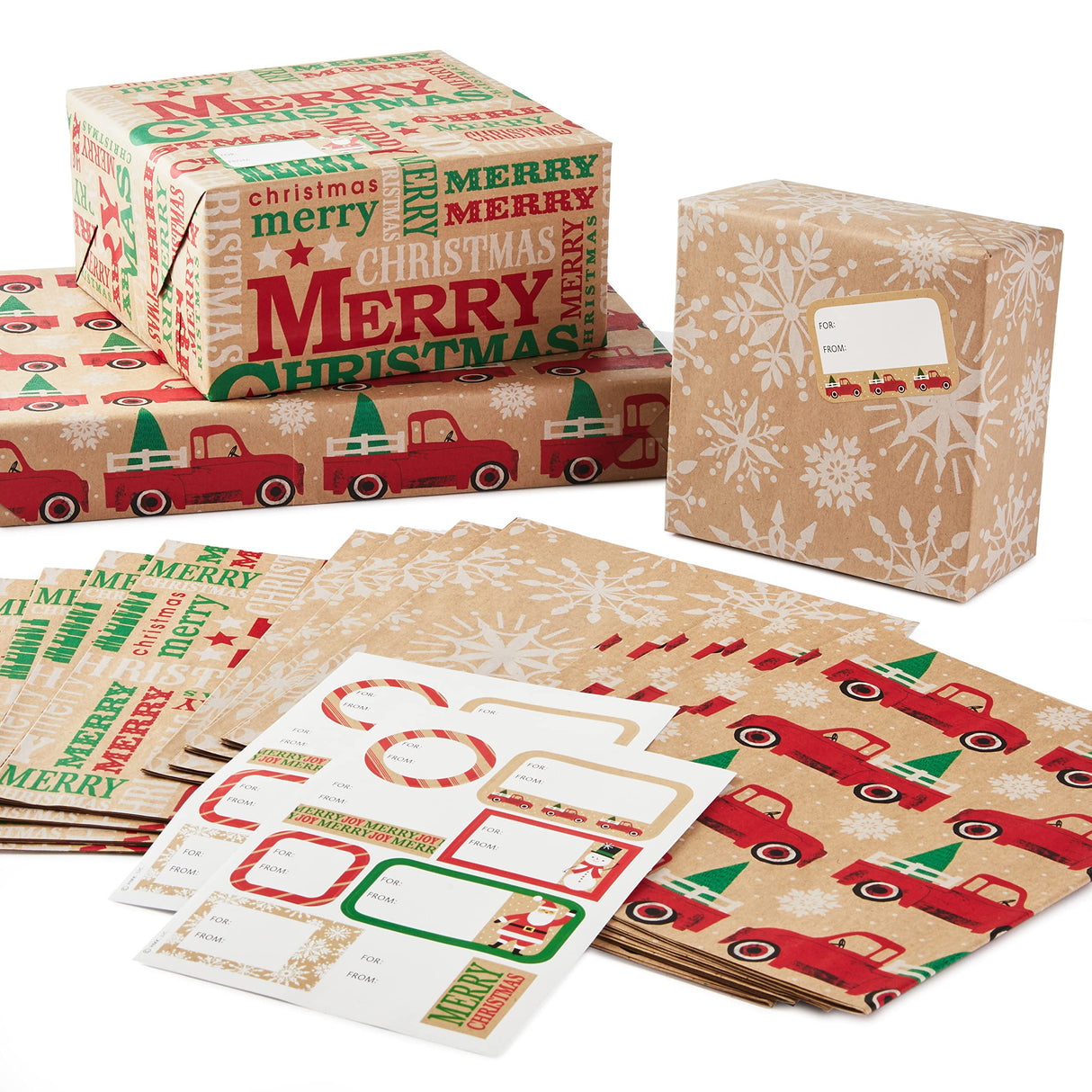 Hallmark Christmas Flat Wrapping Paper Sheets - Recyclable Kraft Gift Wrap Paper (12 Folded Sheets with Sticker Seals) Rustic Red Trucks, White Snowflakes, Merry Christmas Lettering Hallmark
