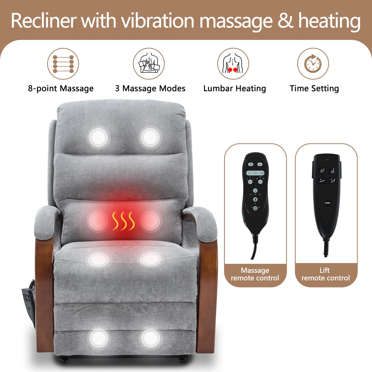 Power Lift Recliner Chair for Elderly People, Dual Motor Lift Chair with Vibration Massage and Heat, Lay Flat Recliner with Solid Wood Armrest, Standing Assistance Reclining, Chenille Fabric Gray EZZUP