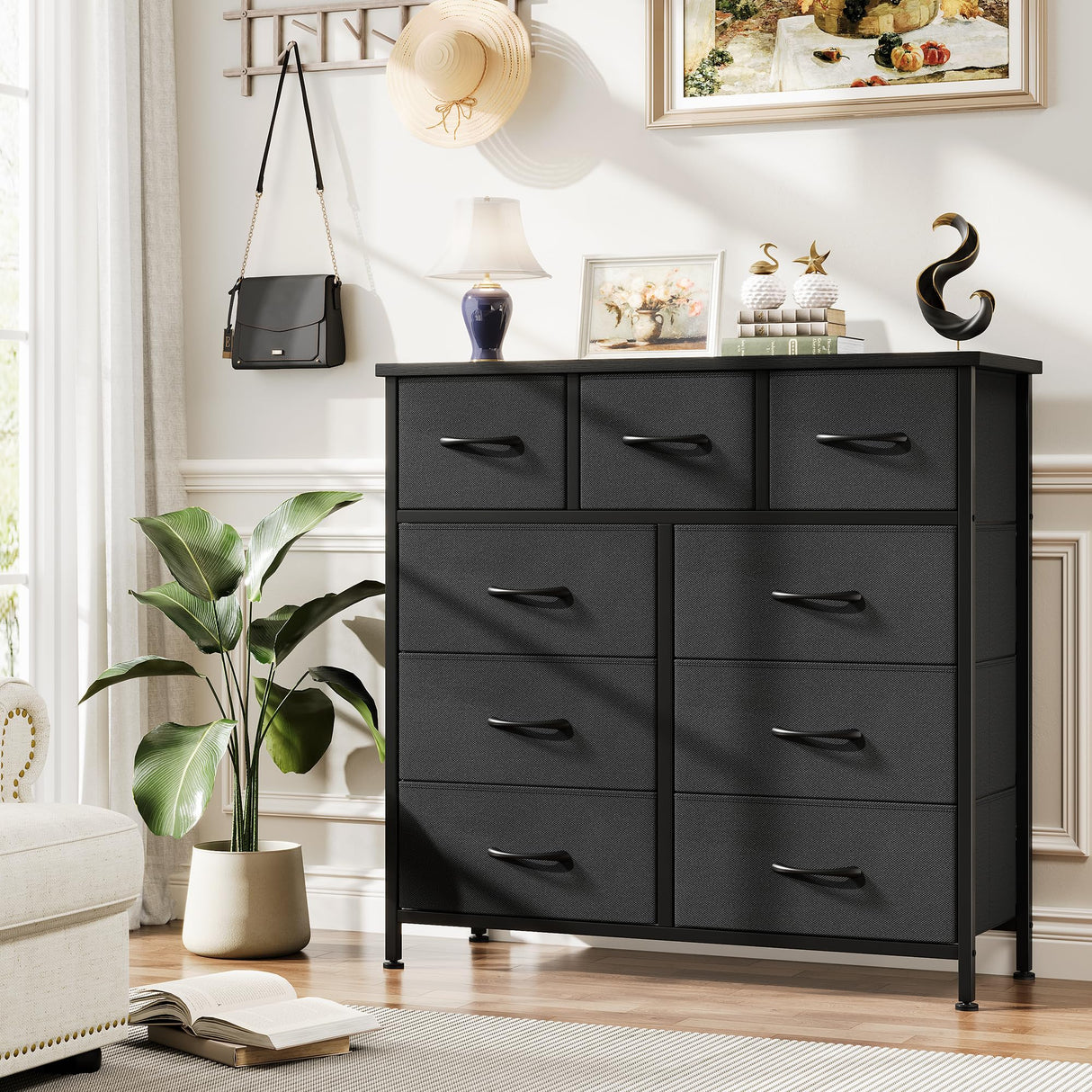 Jocoevol Fabric Dresser for Bedroom with 9 Drawers - Sturdy Steel Frame, Wooden Top & Easy Pull Chest of Drawers with Fabric Bins, Storage Organizer for Closet, Guest Room, Entryway (Black) Jocoevol