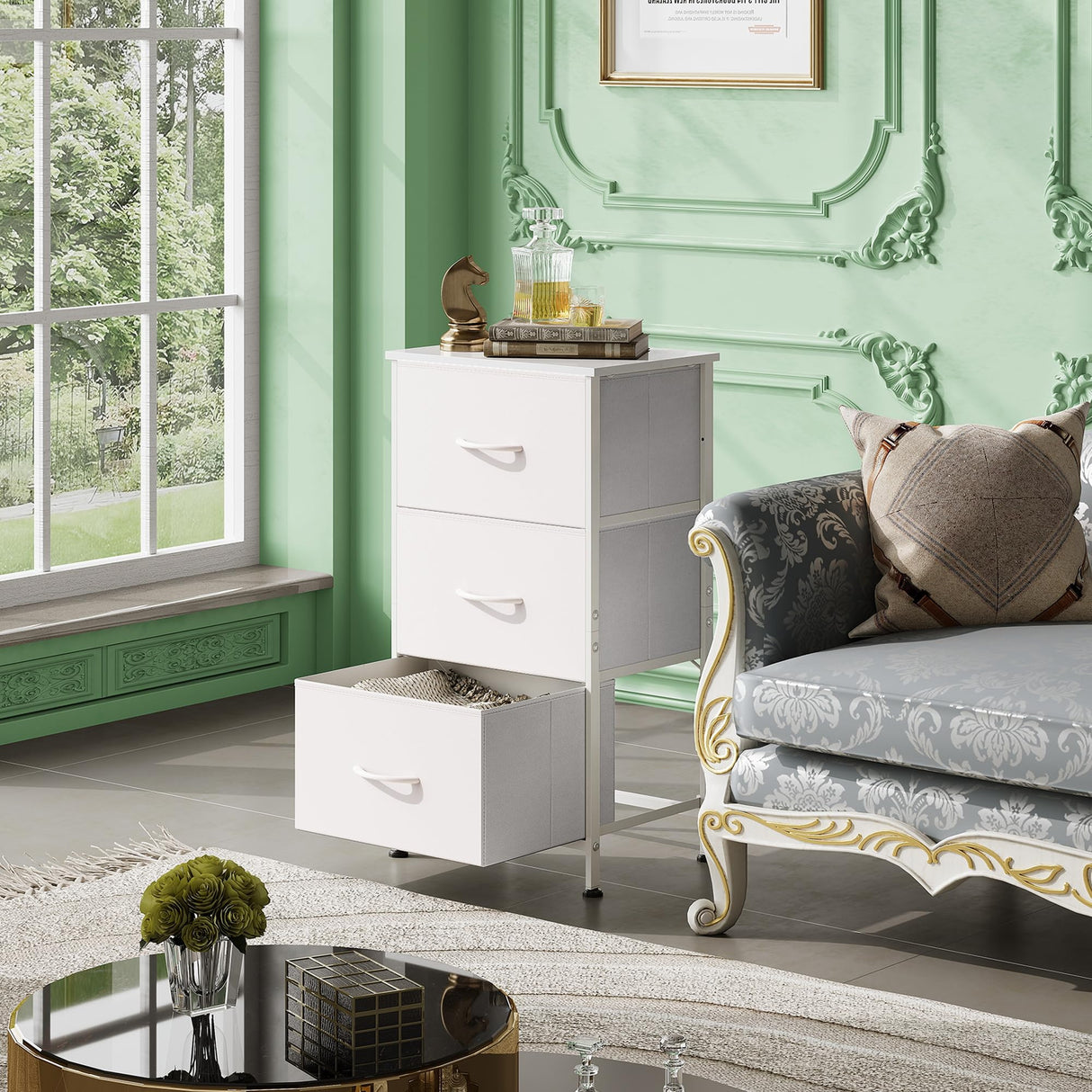 WLIVE Nightstand with 3 Drawers, Fabric Dresser, Organizer Unit, Storage Dresser for Bedroom, Hallway, Entryway, Closets, Sturdy Steel Frame, Wood Top, Easy Pull Handle, White WLIVE