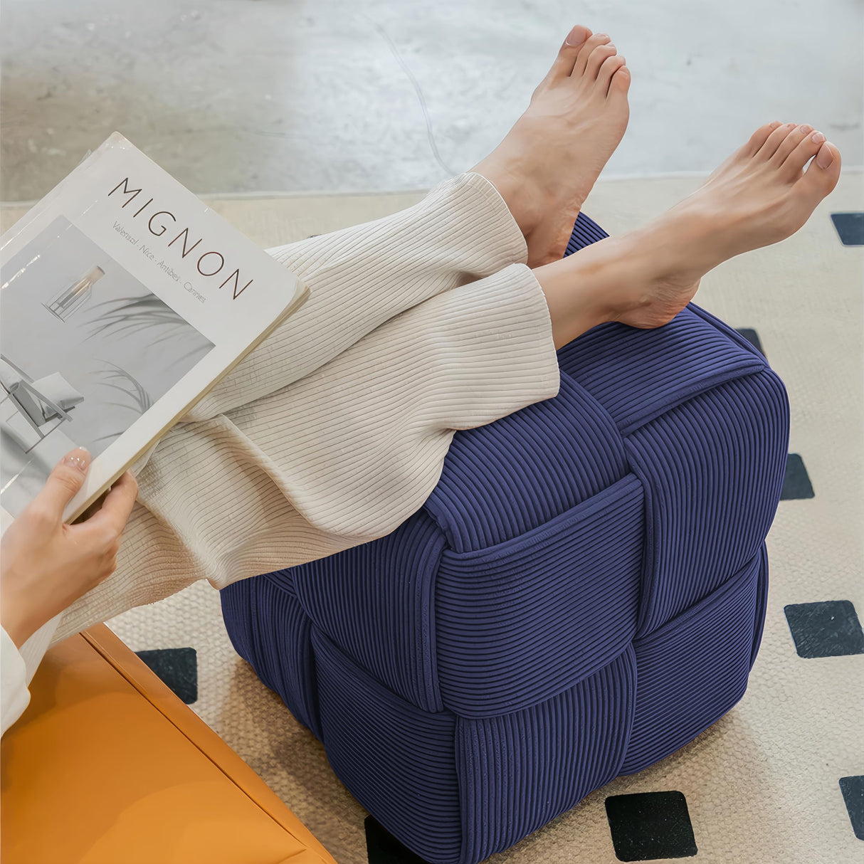 Cmishe Ottoman Foot Rest Soft and Comfortable Ottoman Square Corduroy Woven Design Sofa Stool (Blue) Cmishe