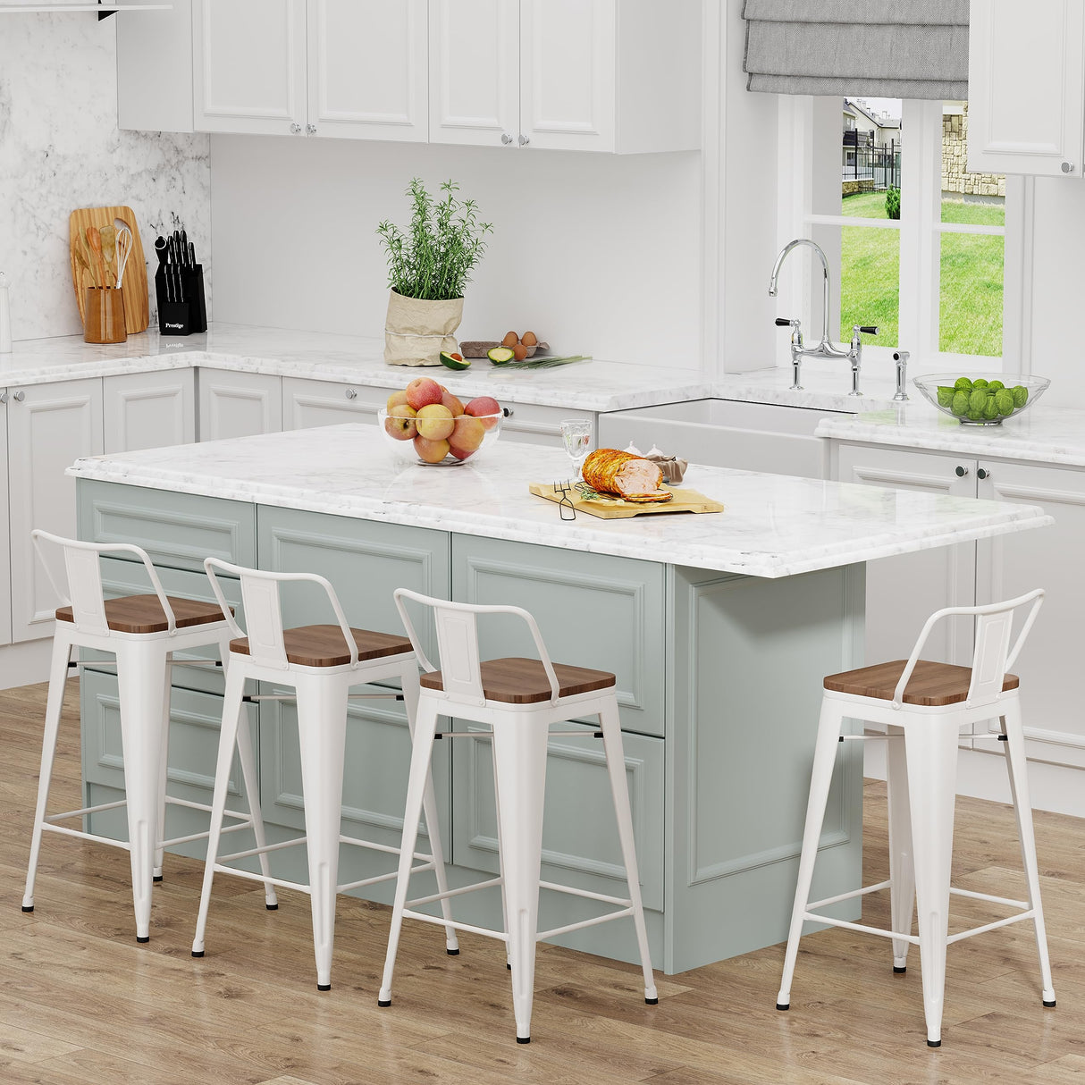 Yongchuang 24 inch Barstools Set of 4 Counter Height Bar Stools Farmhouse Kitchen Metal Bar Chairs with Wood Seat Low Back Cream White Yongchuang