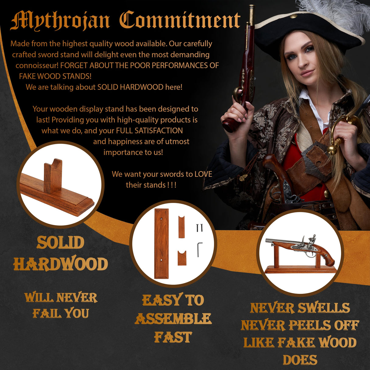 Mythrojan Solid Hardwood Gun Pistol Display Stand Sturdy Wooden Pistol Holder for your Pirate Pistols 12.8” X 2.5” X 4.8” Mythrojan