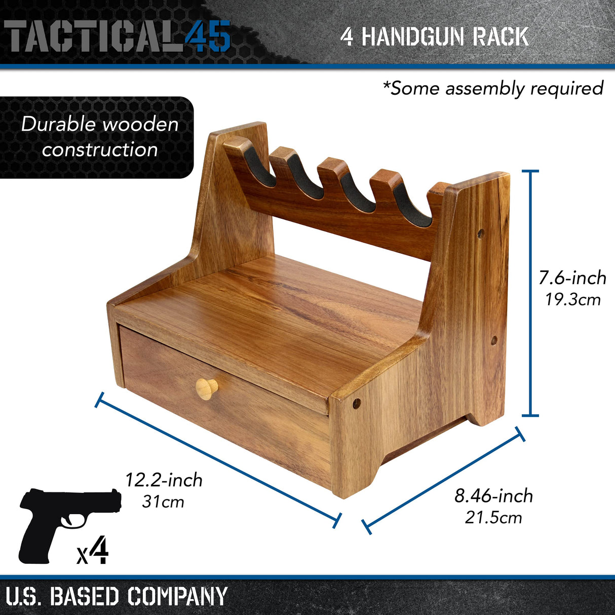 Tactical45 Pistol Rack for Gun Safe Shelf - 4 Slot Wooden Handgun Rack with Divided Ammo Drawer - Revolver and Firearm Accessories Organizer - Bedside Gun Holder for Nightstand or Desktop Tactical45